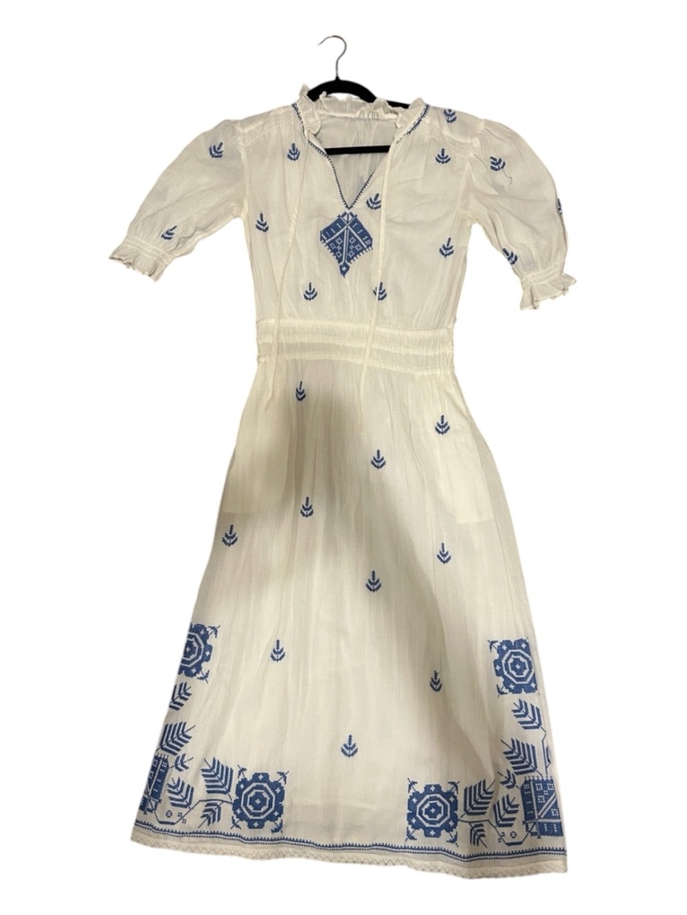 Bohemian White Midi Dress with Blue Embroidery